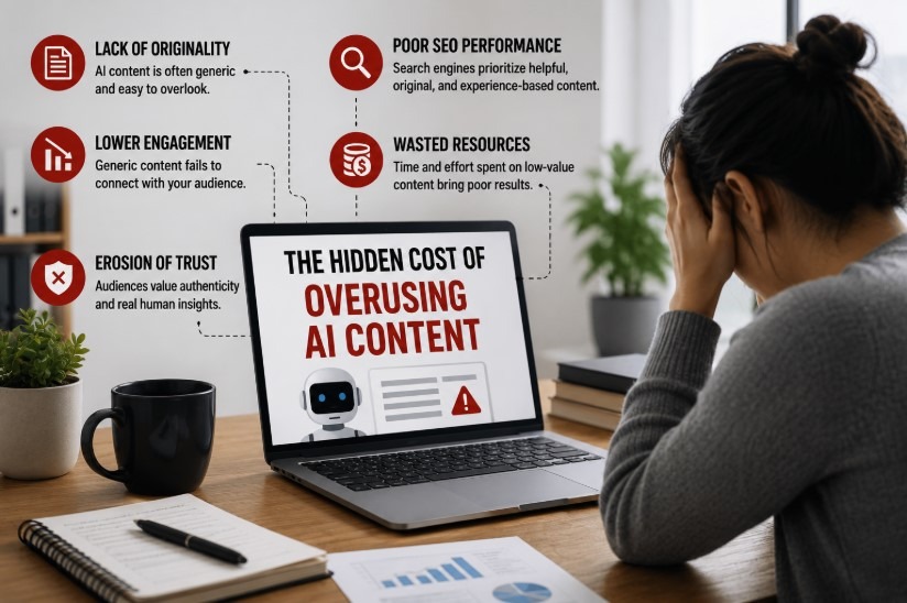 AI now writes most new web content, but trust, accuracy, and rankings are paying the price. A data-backed look, compiled by a digital marketing company in Lucknow, at what overusing AI content actually costs.