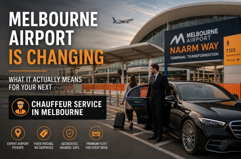 Professional chauffeur assisting a traveler into a luxury sedan outside Melbourne Airport during the Naarm Way terminal redevelopment, highlighting premium airport transfer in Melbourne.
