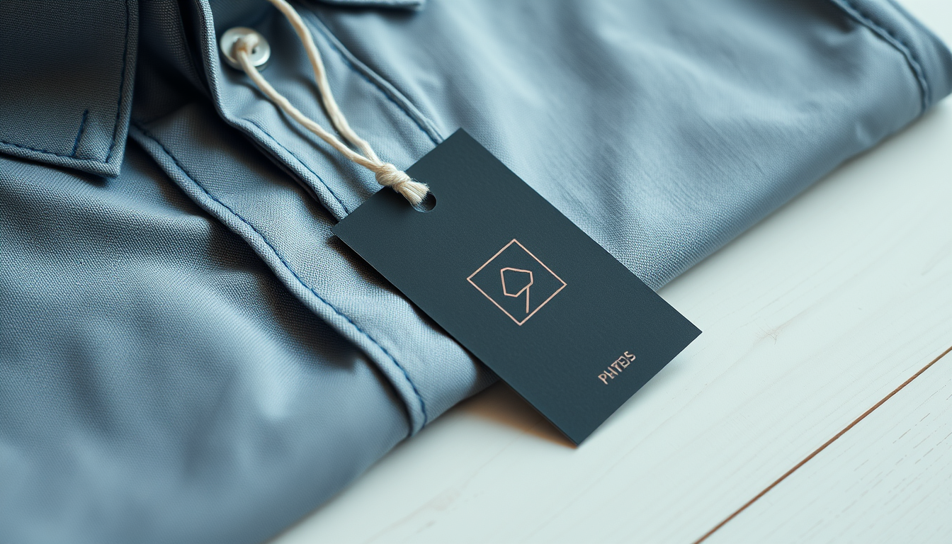 Close-up of a hang tag attached to a folded shirt, showing logo and price details.