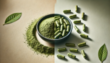 a bowl of kratom powder on the left and kratom capsules on the right on a white canvas