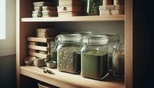 Kratom powder and loose kratom leaf stored in a glass jar on a shelf