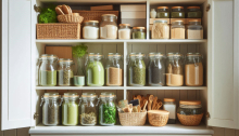 a pantry full of various glass jars of tea powders and dry goods