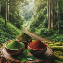 three bowls of kratom powder on a wooden stump overlooking a trail in the forest