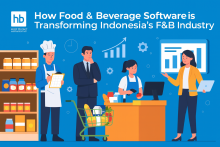 An illustration showing how food and beverage software supports Indonesia’s F&B industry. The HostBooks logo appears at the top left. A chef checks inventory, a manager reviews growth data, a cashier scans items, and a business analyst presents digital reports. Background elements include charts, gears, shelves, and a shopping cart.