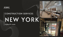 NY Built Construction Services banner showing modern interior renovation and active construction work in New York, with clean black design background and website nybuilt.com.