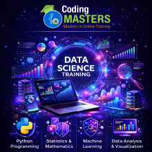 Promotional banner for Coding Masters Data Science training, featuring a futuristic data visualization theme with icons for Python, Machine Learning, AI, Power BI, Tableau, and analytics tools.