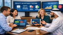 Professional team collaborating on Quality Acceptance Testing projects in a software testing consultancy