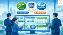 Business continuity management illustration showing ISO 22301 consultants, NCEMA 7000 consultants in UAE, and BCM consultants supporting organizational resilience and compliance