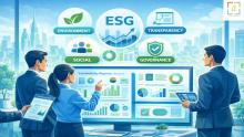 Sustainability reporting consultancy illustration showing ESG data analysis, transparent reporting, and non financial disclosure support for UAE organizations