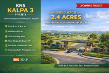 KNS Kalpa 3 spans 2.4 acres. KNS Group brings KNS Plots to Muddinapalya. KNS Kalpa 3 Price is on request. Register your interest now.