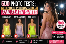 "Infographic for '500-Photo Tests: 3 Homecoming Dress Colors Fail Flash Shots' comparing dress colors that look bad under camera flash with better photo-ready choices."