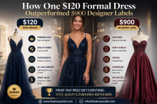 Comparison graphic showing three formal evening dresses priced differently, titled 'How One $120 Formal Dress Outperformed $990 Designer Labels'.