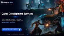Promotional banner for Developcoins Game Development Services featuring fantasy warriors engaged in sword combat in a cinematic game environment. The banner highlights expert game development solutions with the tagline 'Build Engaging. Playable. Profitable.' and includes a 'Get Your Free Consultation' call-to-action button alongside the Developcoins branding