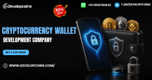 **Alt text:**  Promotional banner for a Cryptocurrency Wallet Development Company by Developcoins. The design features a smartphone displaying a glowing security shield, a digital wallet with a lock emblem, Bitcoin, Ethereum, and Binance Coin icons, and padlocks symbolizing secure crypto asset storage. The banner highlights a 30% discount offer, a "Get a Live Demo" call-to-action, contact number, Telegram handle, and the Developcoins website on a black background.
