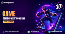 Game Development Company banner with futuristic gamer, 30% OFF offer, and Developcoins branding