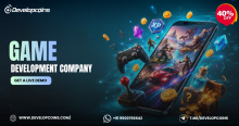Game Development Company promotional banner featuring a smartphone displaying immersive racing, adventure, and action games, surrounded by a gaming controller, joystick, gold coins, gems, XP icons, treasure chest, and digital gaming elements. The design includes a "40% OFF" offer, a "Get a Live Demo" call-to-action, and Developcoins branding on a futuristic blue-themed background.