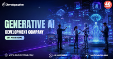 Promotional banner for Developcoins' Generative AI Development Company services featuring AI professionals collaborating with humanoid robots in a futuristic smart city. The design includes holographic displays for LLMs, AI chatbots, neural networks, and enterprise AI solutions, along with a 'Get a Live Demo' call-to-action and a 40% OFF offer.