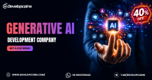 Futuristic Generative AI Development Company promotional banner featuring a glowing AI microchip held above a human hand with vibrant digital circuit effects. The design includes a bold "40% OFF" offer badge, premium dark background, call-to-action button, Developcoins branding, and contact information, highlighting advanced AI development services.