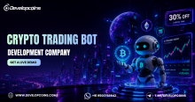 Futuristic promotional banner for Developcoins' Crypto Trading Bot Development Company featuring a neon-lit cyberpunk city, an AI-powered trading robot holding a glowing Bitcoin coin, cryptocurrency icons, live trading charts, a '30% OFF Limited Time' offer badge, and a call-to-action button encouraging users to get a live demo.