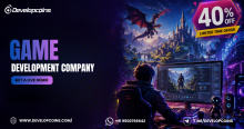 Promotional banner for Developcoins Game Development Company featuring a futuristic game developer workstation, fantasy dragon and castle scene, bold gaming visuals, a 'Get a Live Demo' call-to-action button, contact information, and a prominent 30% OFF limited-time offer on a dark neon blue and purple background.