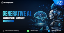 Promotional banner for Developcoins' Generative AI Development Company services featuring a futuristic AI robot, holographic digital brain, and advanced technology interface on the right against a dark blue and black background. The left side displays the headline "Generative AI Development Company," a "Get a Live Demo" call-to-action button, the Developcoins logo, and a prominent 30% OFF offer badge in the top-right corner, along with the website, WhatsApp contact number, and Telegram link at the bottom.