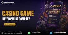 Promotional banner showcasing a modern casino gaming platform with slot machines, poker, roulette, and mobile gaming features. The image highlights professional casino game development services, a 30% discount offer, and live demo availability for businesses looking to launch engaging online casino solutions.