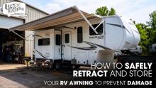 A Trail Blazer 5th Wheel RV Parked Outside of a Workshop for Awning Repair Works