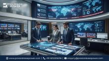 Three professionals in business attire analyze interactive data charts and global maps on a large digital touch table in a modern tech office space.