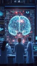 3 científicos mirando una imagen de un cerebro