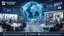 A modern newsroom with professionals at desks and conference tables, featuring a large glowing digital globe and screens displaying global data analytics.
