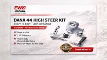 Dana 44 High Steer Arms kit with EWO passenger side flat top knuckle, 1.25 inch billet steering arm, drag link ends, pitman arm, and hardware.