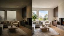 Before and after image enhancement of modern living room showing dull unedited photo vs bright HDR enhanced real estate photo