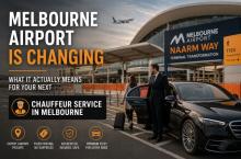 Professional chauffeur assisting a traveler into a luxury sedan outside Melbourne Airport during the Naarm Way terminal redevelopment, highlighting premium airport transfer in Melbourne.