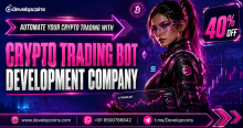Futuristic promotional banner for a Crypto Trading Bot Development Company featuring a cyberpunk woman with AI trading technology, neon pink lighting, crypto charts, Bitcoin, Ethereum, and Solana icons. Bold headline promotes automated crypto trading with a 40% OFF offer. Footer displays website, phone number, and Telegram contact details.