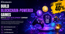 Blockchain-powered game development company banner with play-to-earn gaming, crypto assets, and a 40% discount offer.