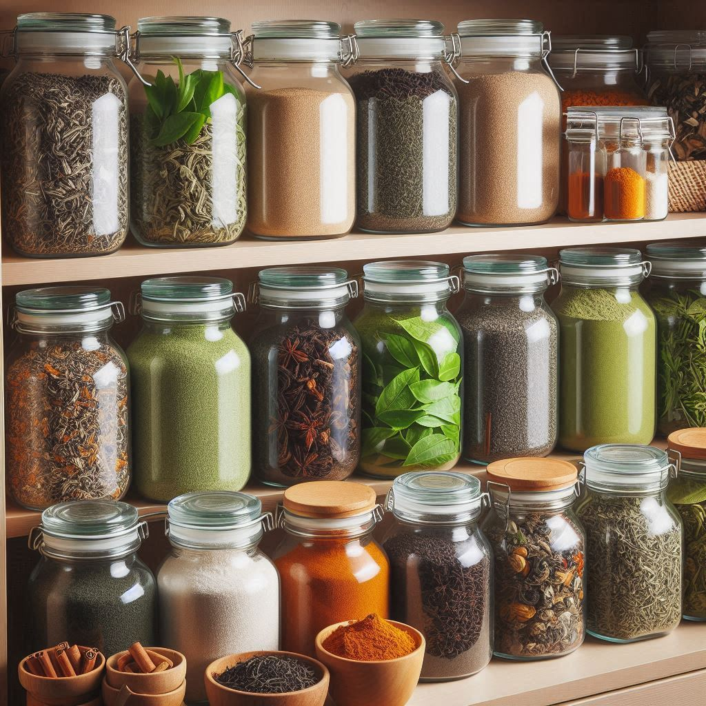 glass jars filled with powders and spices