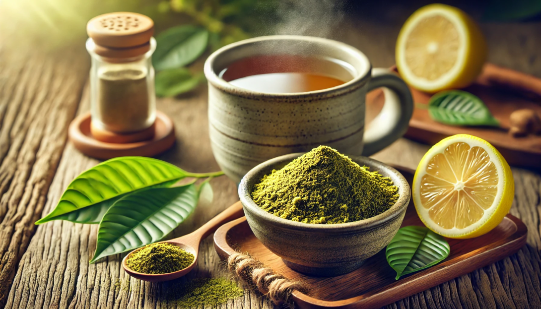 bowl of kratom powder and kratom tea with a lemon