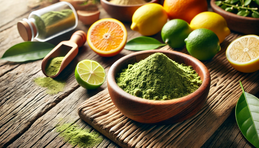 A bowl of kratom powder surrounded by citrus fruits such as lemons, limes and oranges.