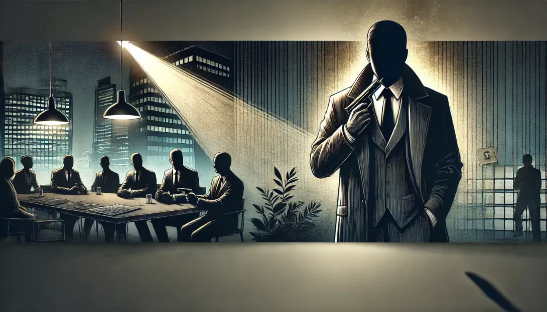 A dramatic banner-format illustration depicting a shadowy figure in a corporate setting, symbolizing investigation and controversy