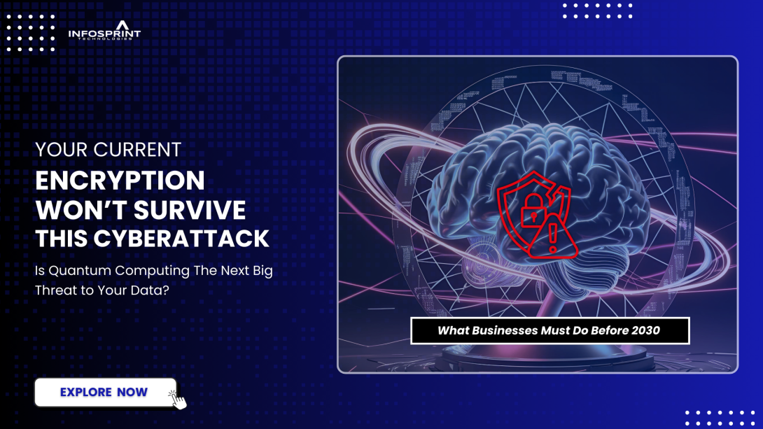 Illustration of a quantum computer symbolized as a brain with red caution and danger icons, surrounded by decryption patterns, highlighting the impact of quantum computing on cybersecurity, with a call-to-action to read more