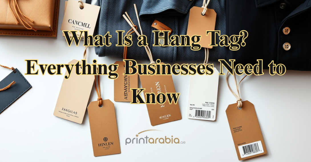 Flat lay of printed hang tags with strings on clothing and product packaging, in different shapes and styles.
