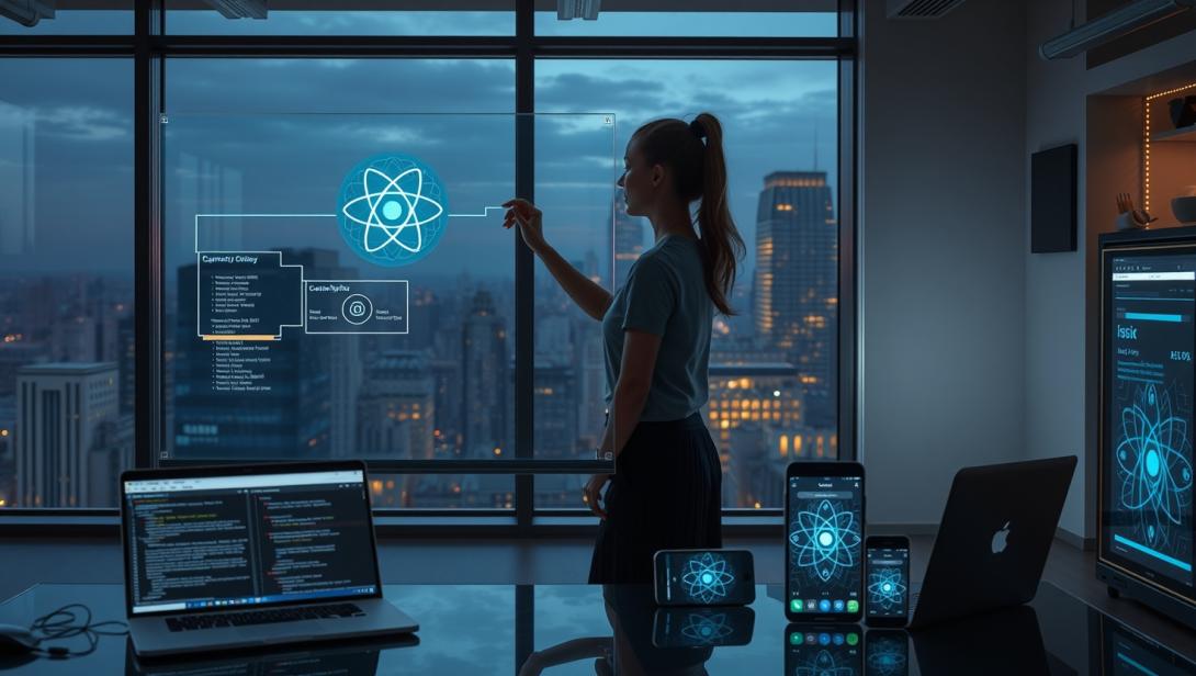  A female developer in a modern office interacts with a glowing holographic interface displaying a quantum atomic symbol. A laptop, tablet, and smartphone on the desk all show the same symbol, illustrating cross-platform mobile development integrated with quantum computing. The scene is lit with a cinematic contrast between cool blue screen light and the warm dusk from a cityscape window.