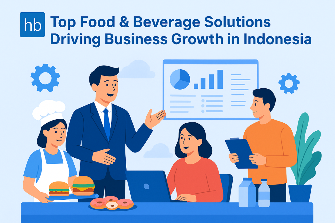 A professional illustration showing a team of food and beverage workers and business professionals collaborating with charts, analytics, and products like burgers and beverages on a table. The HostBooks logo is placed at the top left, and the title “Top Food & Beverage Solutions Driving Business Growth in Indonesia” is aligned horizontally beside it in blue (#0071BC).