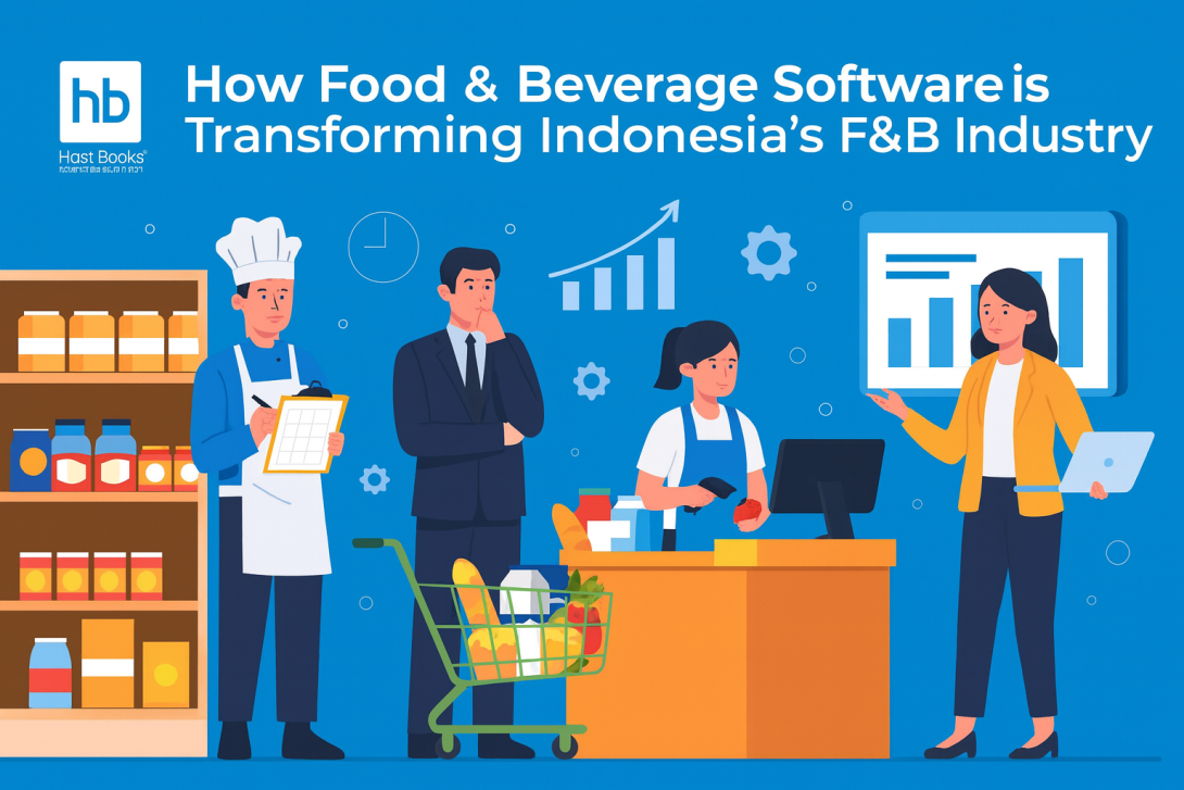 An illustration showing how food and beverage software supports Indonesia’s F&B industry. The HostBooks logo appears at the top left. A chef checks inventory, a manager reviews growth data, a cashier scans items, and a business analyst presents digital reports. Background elements include charts, gears, shelves, and a shopping cart.