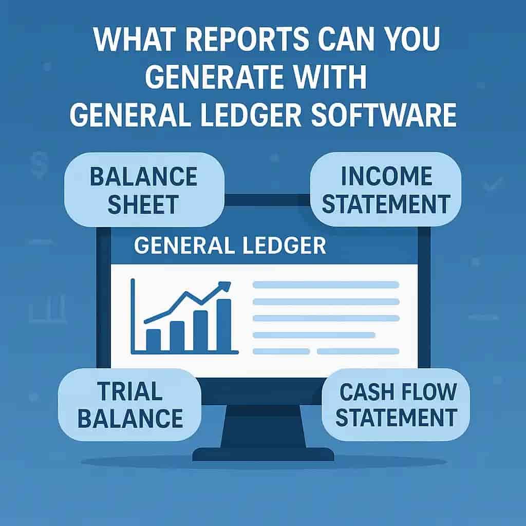 Illustration showing different financial reports generated using general ledger software, including balance sheet, income statement, trial balance, and cash flow statement, displayed on a computer screen.