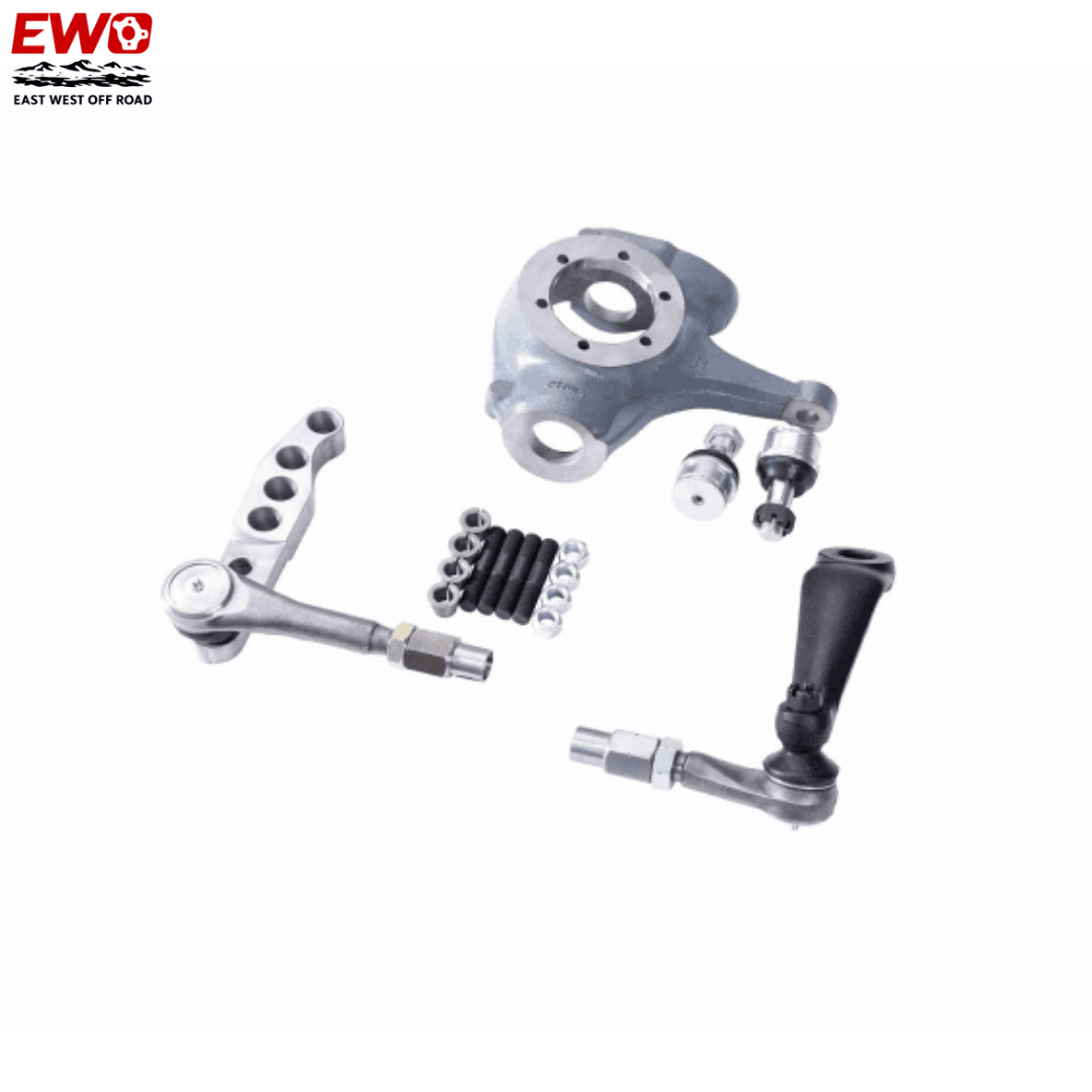 "Dana 44 crossover steering kit, Dana 44 high steer kit, Chevy 10 bolt crossover steering, 1-ton crossover steering kit, Dana 44 steering conversion kit, Jeep Dana 44 steering upgrade, Complete steering kit Dana 44, Dana 44 high steer knuckle kit, flat top knuckle passenger side, metal on metal tie rod ends, billet steering arm Dana 44, chromoly drag link kit, drop forged pitman arm, high steer arm 1.25 thick, crossover steering setup, under knuckle tie rod steering, Jeep Dana 44 swap steering, lifted truck