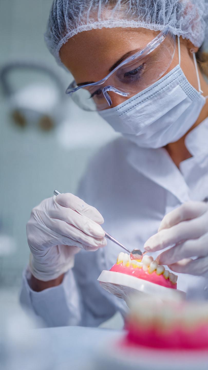 Female dentist wearing blue surgical cap, protective mask, and gloves intently working on pink dental model tray in sterile clinic environment, showcasing precision dental care in Gurgaon.