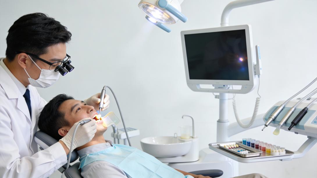 A male dentist wearing loupes and a mask examines a young male patient's open mouth in a modern dental chair, with an overhead light, monitor screen, and equipment nearby in a clinic setting