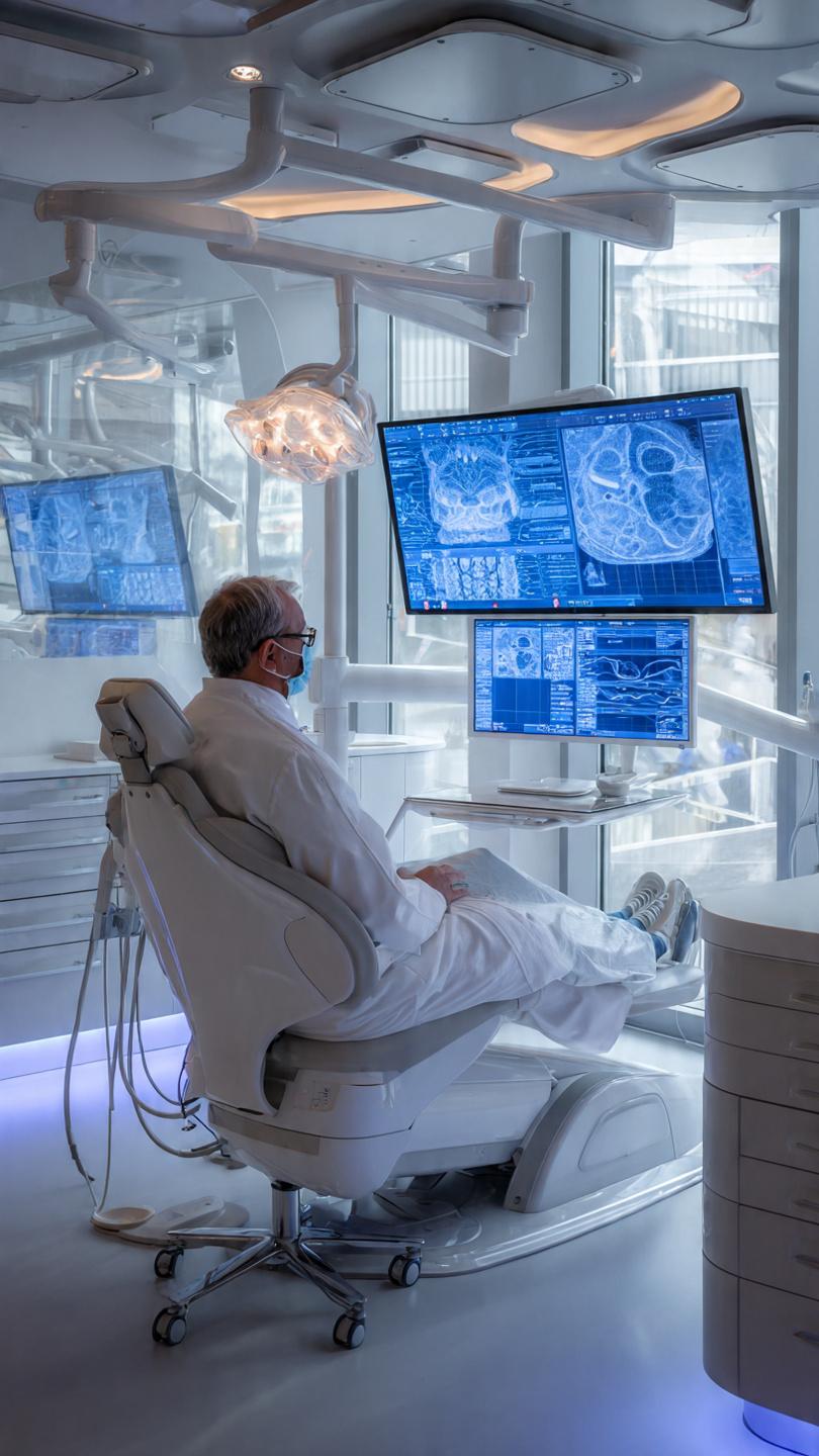 Dentist reviewing advanced digital dental scans on multiple screens in a high-tech dental operatory with modern equipment