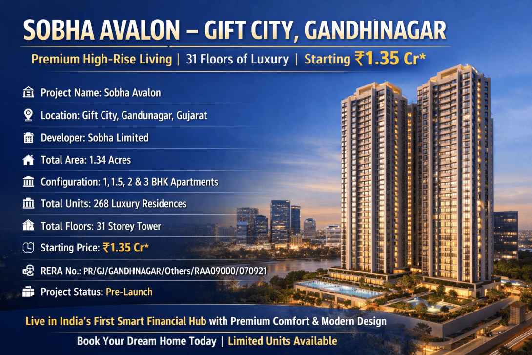 Sobha Avalon is an upcoming pre-launch residential project by Sobha Group in Gift City, Gandhinagar. Offering premium 1, 1.5, 2 & 3 BHK